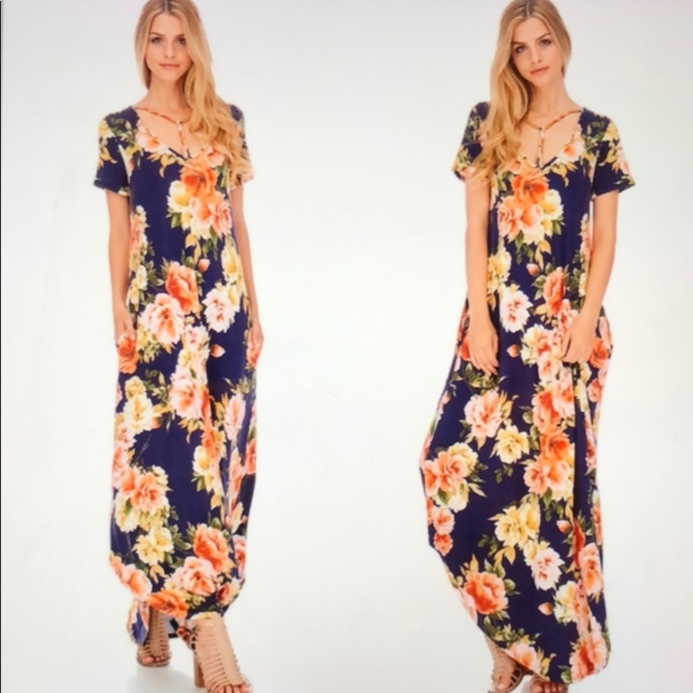 navy blue floral print maxi dress
